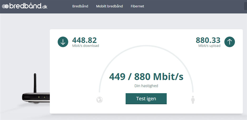 Eksempel på hastigheds-test med en hurtig computer forbundet med kabel til en Gigabit Ethernet router.